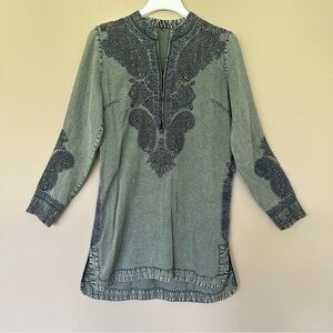 Soft Surroundings Boho Embroidered Tunic Top Women M Green Western Hippie Rodeo